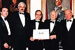 Left to Right: Paul Motz, Record President & General Manager; Bill Dunfield, Managing Editor; Record farm reporter, Jim Romahn; former Governor General Roland Michener; and K.A. 'Sandy' Baird, publisher, Kitchener-Waterloo Record.