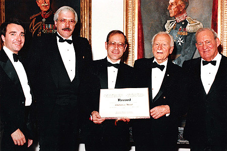 Left to Right: Paul Motz, Record President & General Manager; Bill Dunfield, Managing Editor; Record farm reporter, Jim Romahn; former Governor General Roland Michener; and K.A. 'Sandy' Baird, publisher, Kitchener-Waterloo Record.