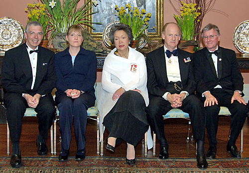 Left to right; Pierre Bergeron, outgoing President of the Michener Awards Foundation; Jenny Manzer, recipient of the 2005 Michener-Deacon Fellowship; Governor General Adrienne Clarkson; His Excellency, John Ralston Saul; David Humphreys, incoming President of the Foundation.