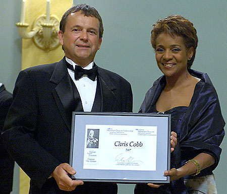 Chris Cobb accepts the 2007 Michener-Deacon Fellowship from Her Excellency Micha&euml;lle Jean, Governor General of Canada.