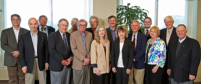L to R: James Deacon; Tim Kotcheff; John Honderich; Clark Davey; Pierre Bergeron; Arch Mackenzie; Alain Guilbert; Kim Kierans; Ed Zebrowski; Donna Logan; David Humphreys; Chris Rathwell; Edith Cody-Rice; Russ Mills; Miller Ayre. 