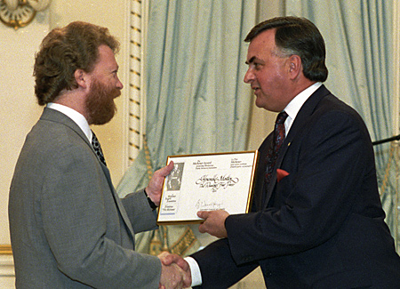 Duncan McMonagle accepts Honourable Mention award from Governor General Ray Hnatyshyn.