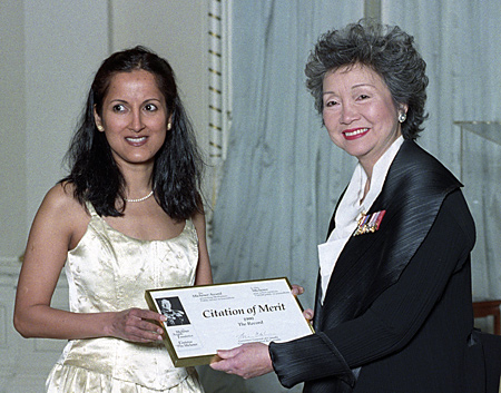 Prithi Yelata accepts Citation of Merit from Governor General Adrienne Clarkson.