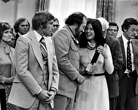 Gillian Cosgrove, Montreal Gazette reporter, shares a lighter moment with George Hutchison of the London Free Press