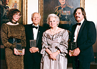 Left to Right: Olivia Ward, reporter Toronto Star; former governor general Roland Michener; Governor General Jean Sauv&eacute;; Victor Malarek, reporter, the Globe and Mail.
