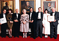 Left to Right: Jim Romahn, reporter Kitchener-Waterloo Record; Olivia Ward, reporter Toronto Star; former governor general Roland Michener; Governor General Jean Sauv&eacute;; Victor Malarek, reporter, the Globe and Mail; Bob Beaty and Kaye Dunn, Calgary Herald reporters; Murray Thomson, managing editor.
