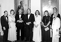 (From Left to Right): Jim Romahn, Record farm reporter; Charlotte Ketchum; Sandy Baird, publisher, Kitchener-Waterloo Record; His Excellency Edward Schreyer Governor General of Canada; Her Excellency Lilly Schreyer; Barb Romahn; Brock Ketcham, Record business reporter; and Connie Baird.